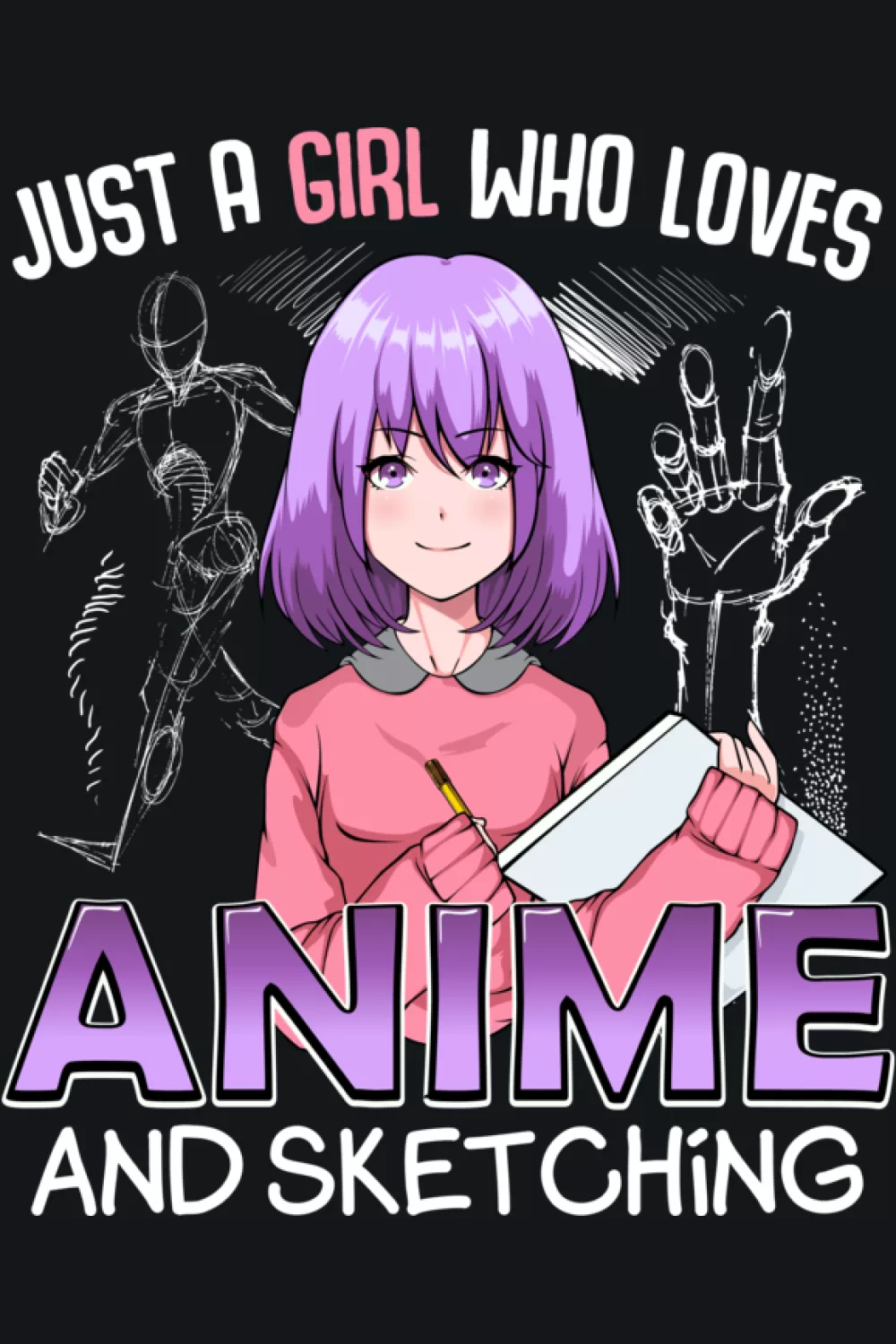 purple haired anime artist with sketchbook, bold quote lettering and subtle background line art