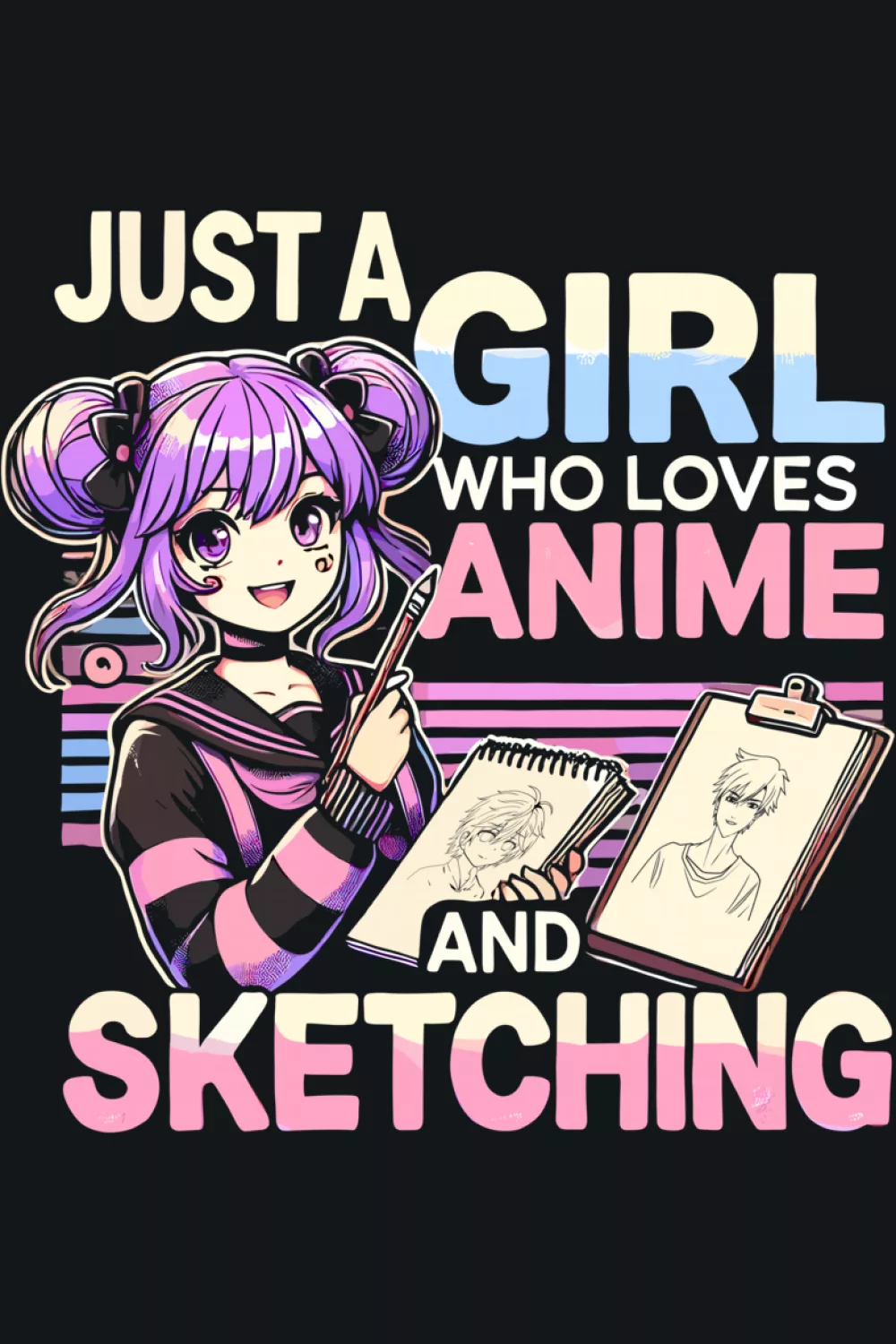 anime girl drawing with a sketchbook, bold quote text, clean classic layout on a dark background