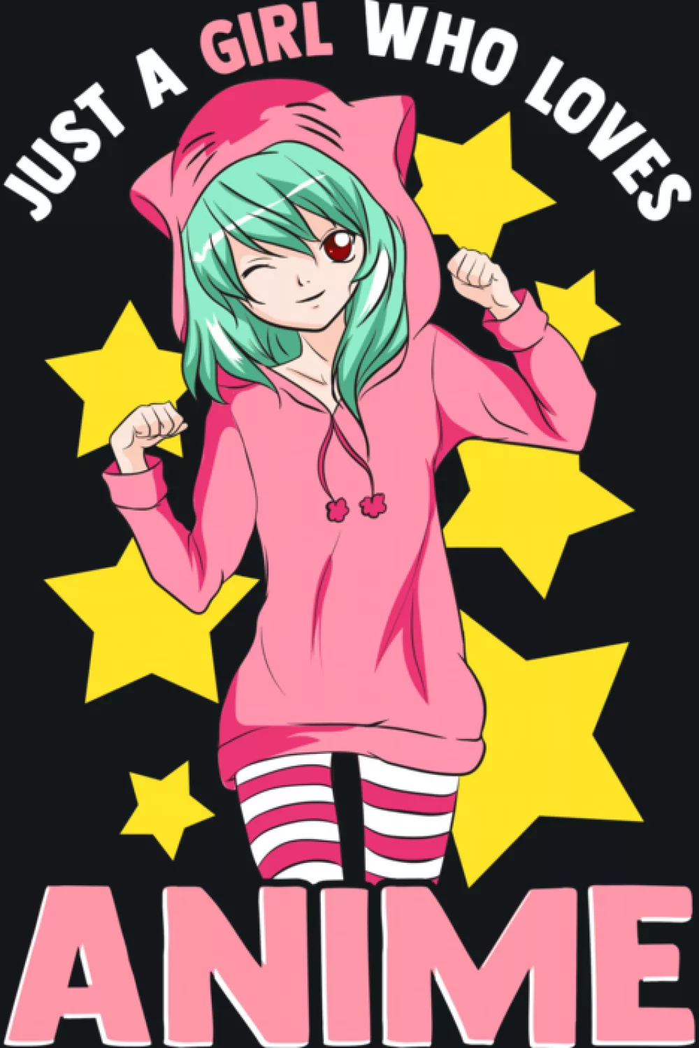 kawaii anime girl in a hoodie with stars, big anime text and cheerful colors