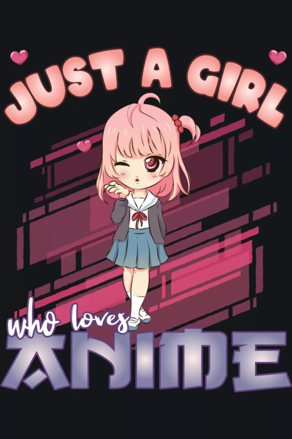 pink chibi anime girl with curved quote text, soft hearts and a cute minimal layout