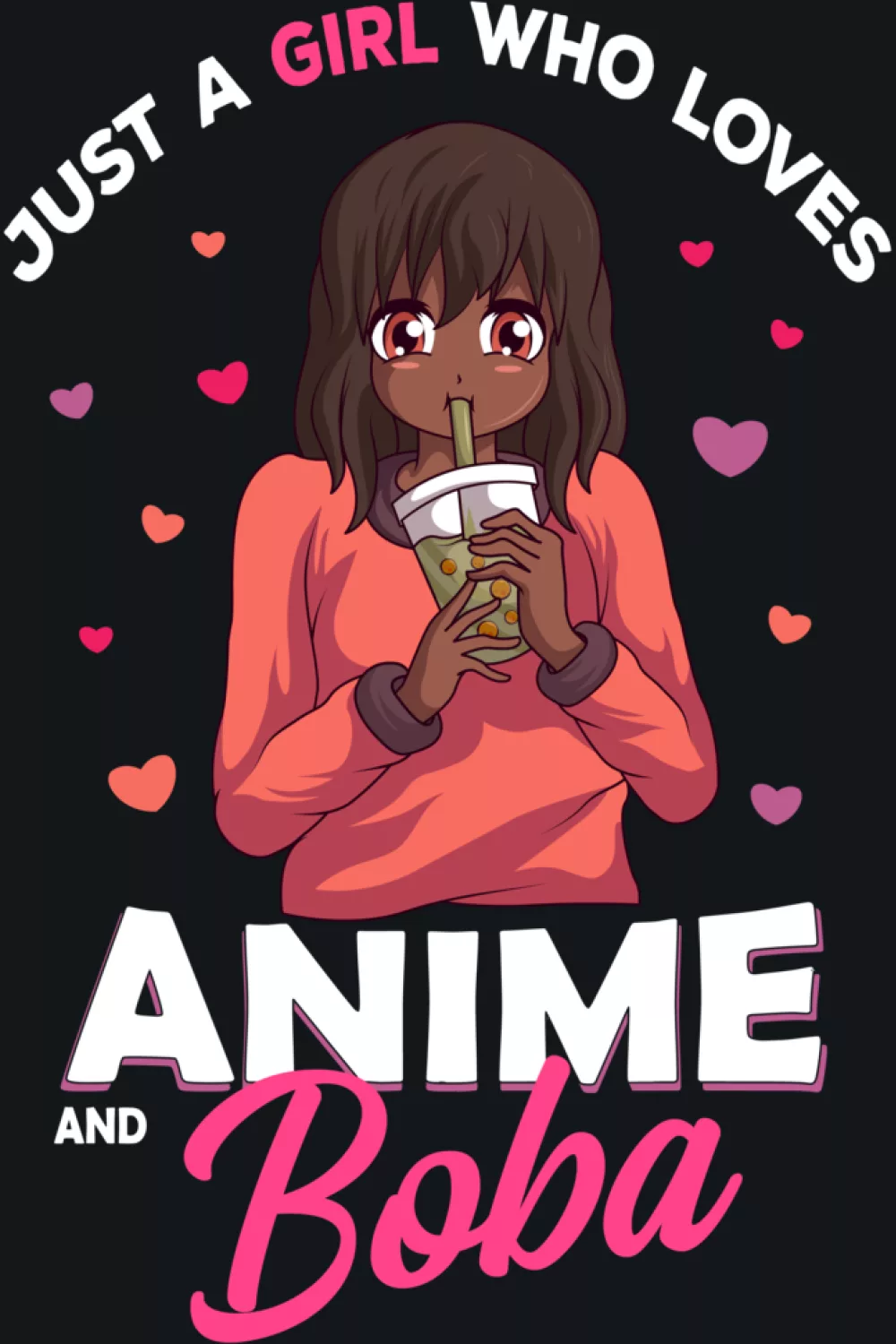 anime girl with a boba drink, quote text about anime and boba, warm cozy vibe