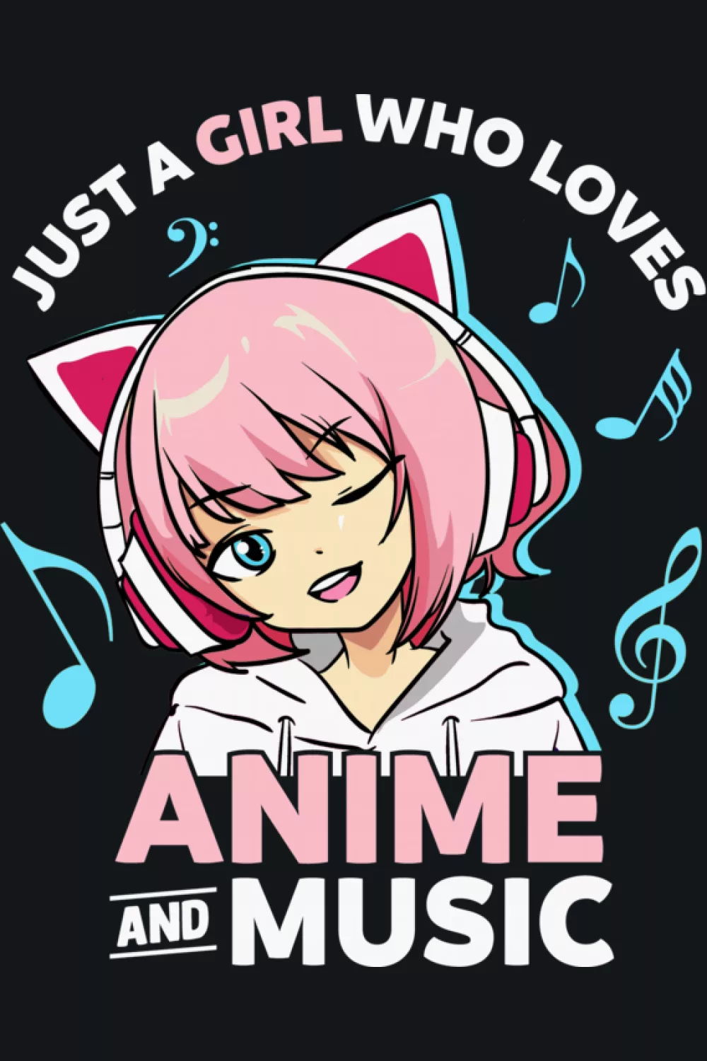 anime girl with headphones and music notes, quote text about anime and music