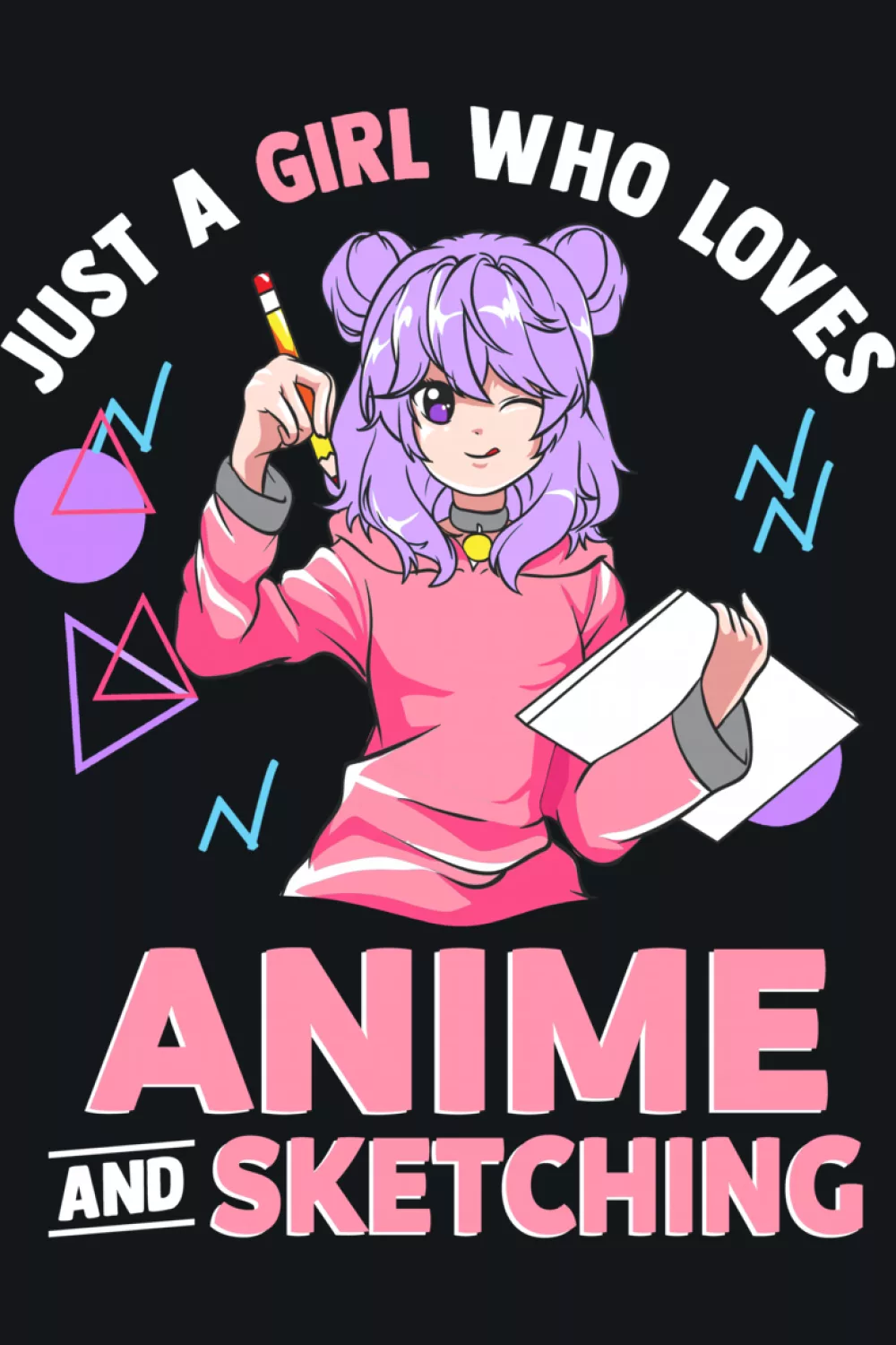 anime girl holding a sketchbook, quote text about anime and sketching, simple bright layout
