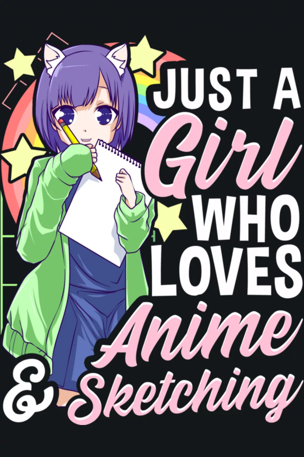 anime girl sketching on paper, quote text for drawing fans, soft pastel style