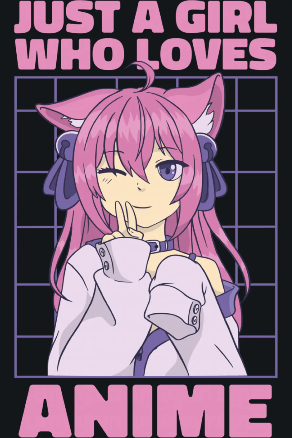 anime girl portrait over a retro grid, big anime word and soft pastel accents