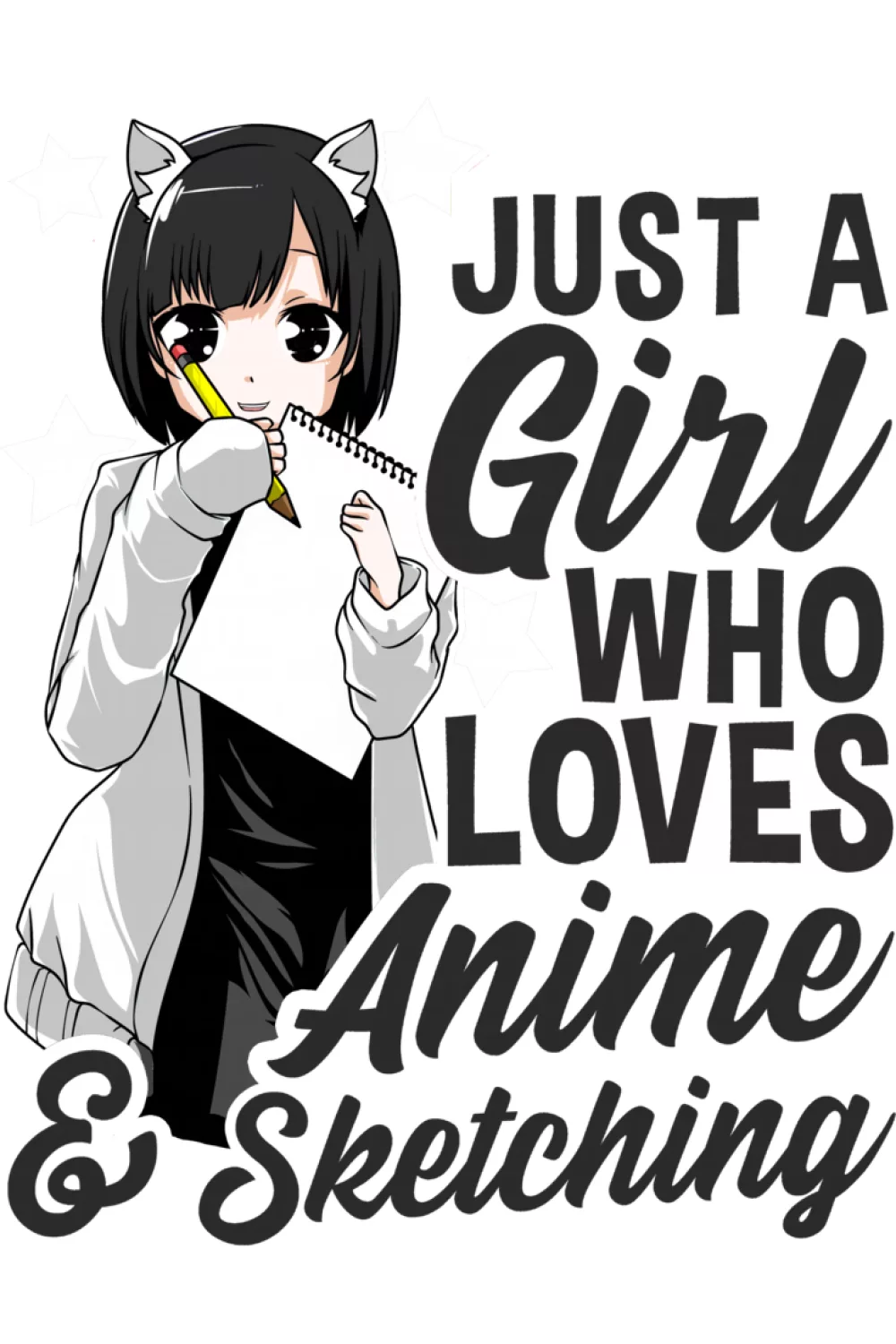 script style quote with an anime girl holding a sketchbook, light background and clean lettering