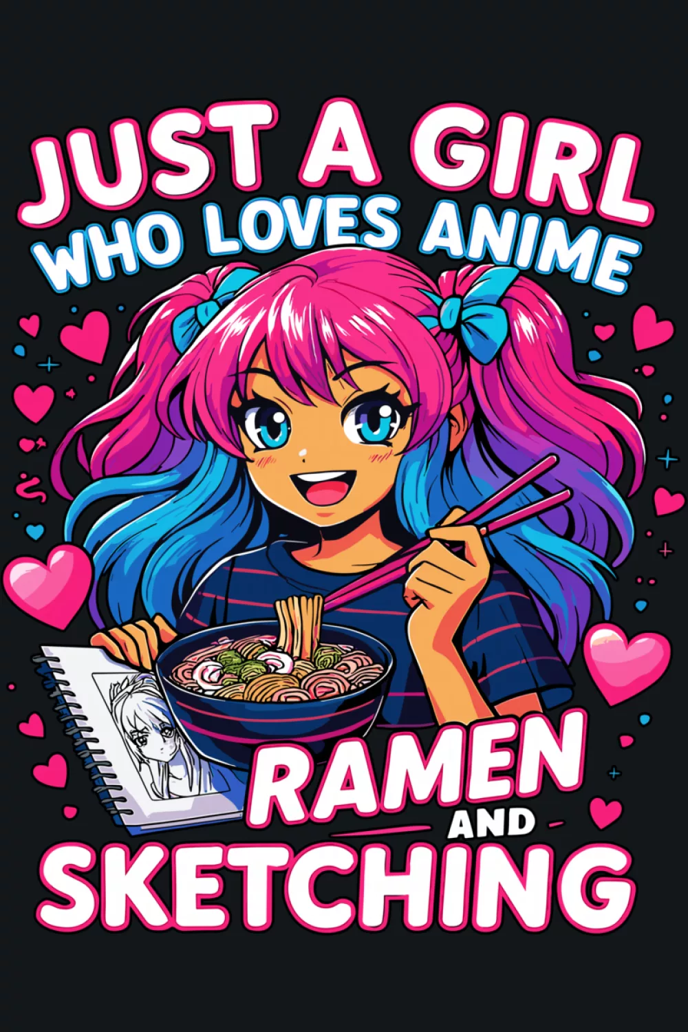 anime girl with ramen and a sketchbook, quote about ramen and sketching, cozy creative mood