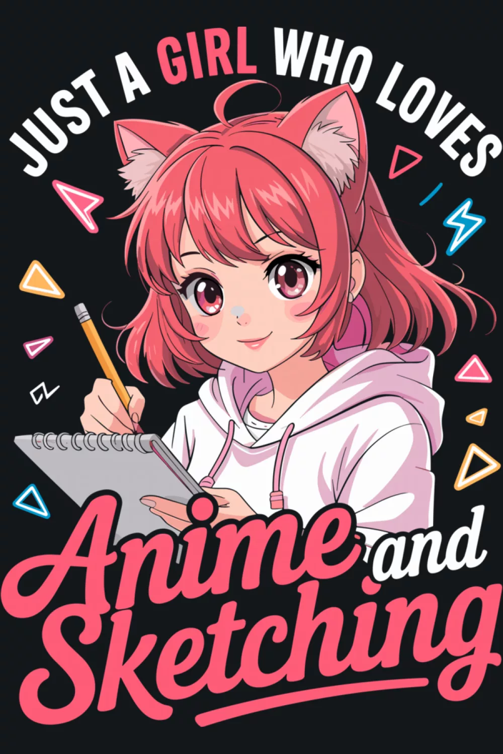 anime girl with cat ears and a sketchbook, playful doodles and quote text, bright cute style