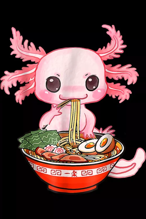 Kawaii Anime Axolotl Eating Ramen Noodles T-Shirt