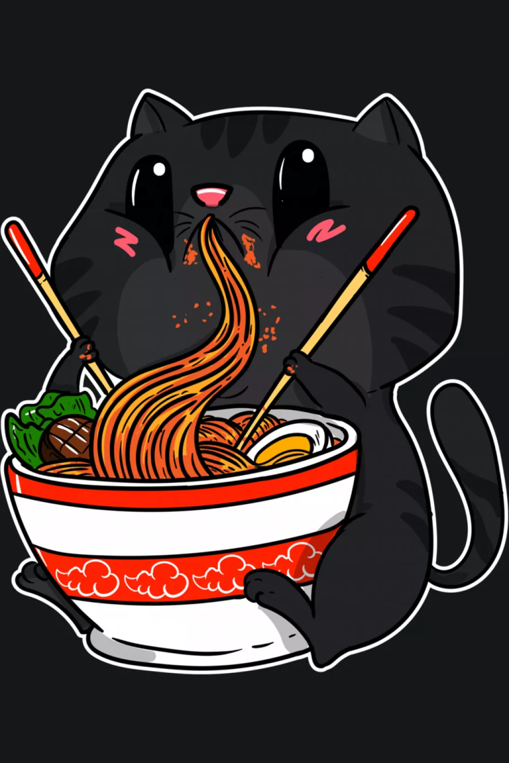 Kawaii anime cat eating Japanese noodles with a clean bowl scene and friendly expression