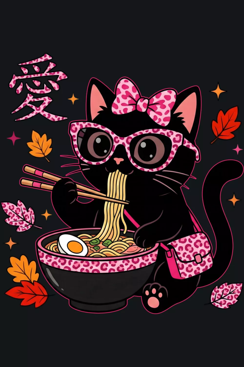 Kawaii ramen cat with a bold pink vibe and playful pattern accents for a louder look