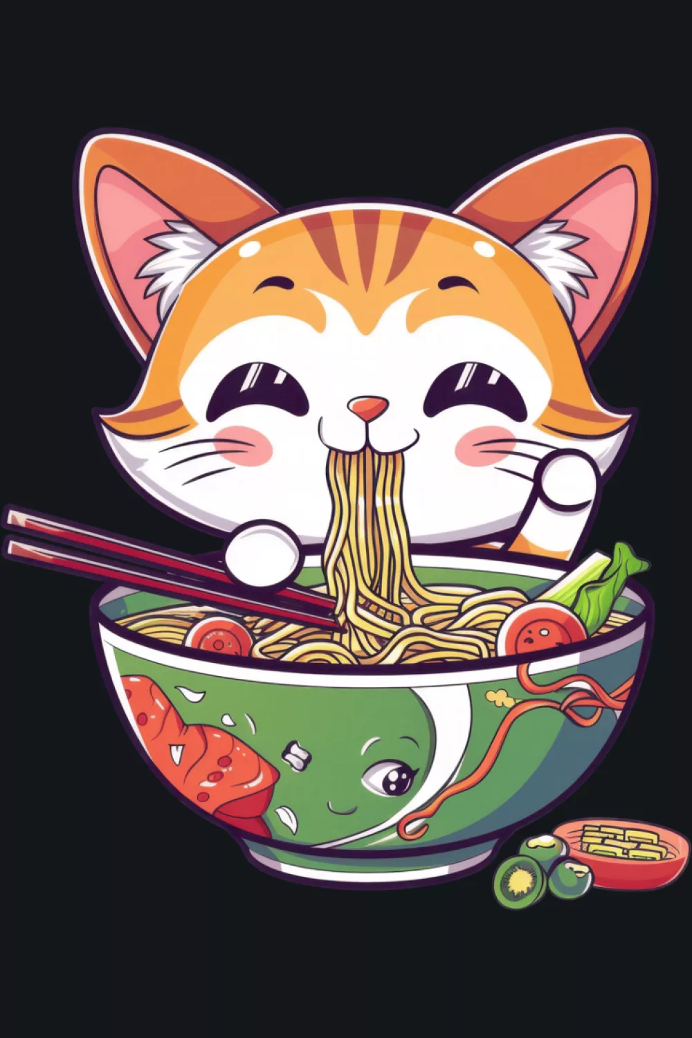 Kawaii anime cat eating ramen with bright accents and a cheerful, energetic bowl scene