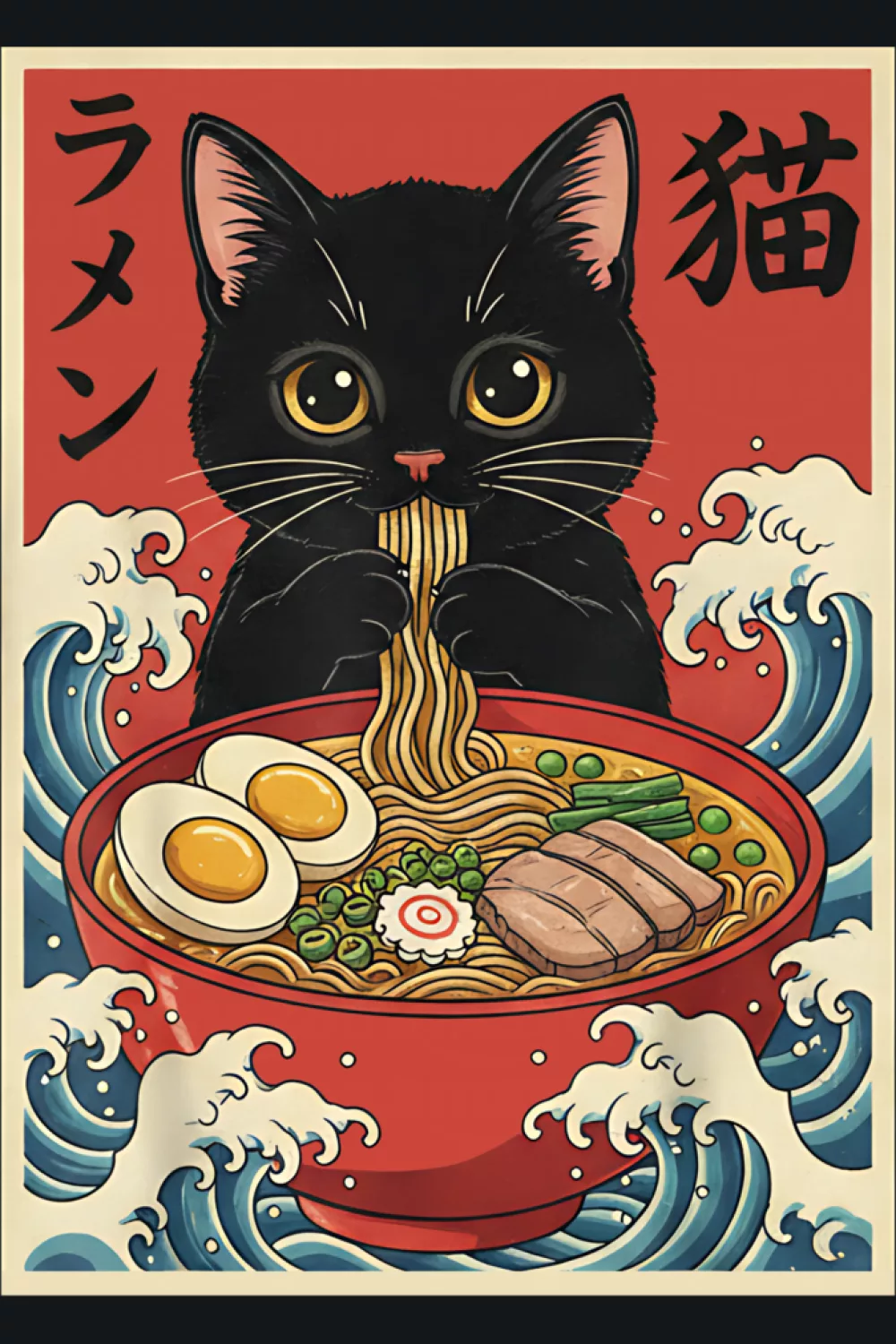 Kawaii anime ramen cat with a bold bowl icon and a balanced poster layout for everyday outfits