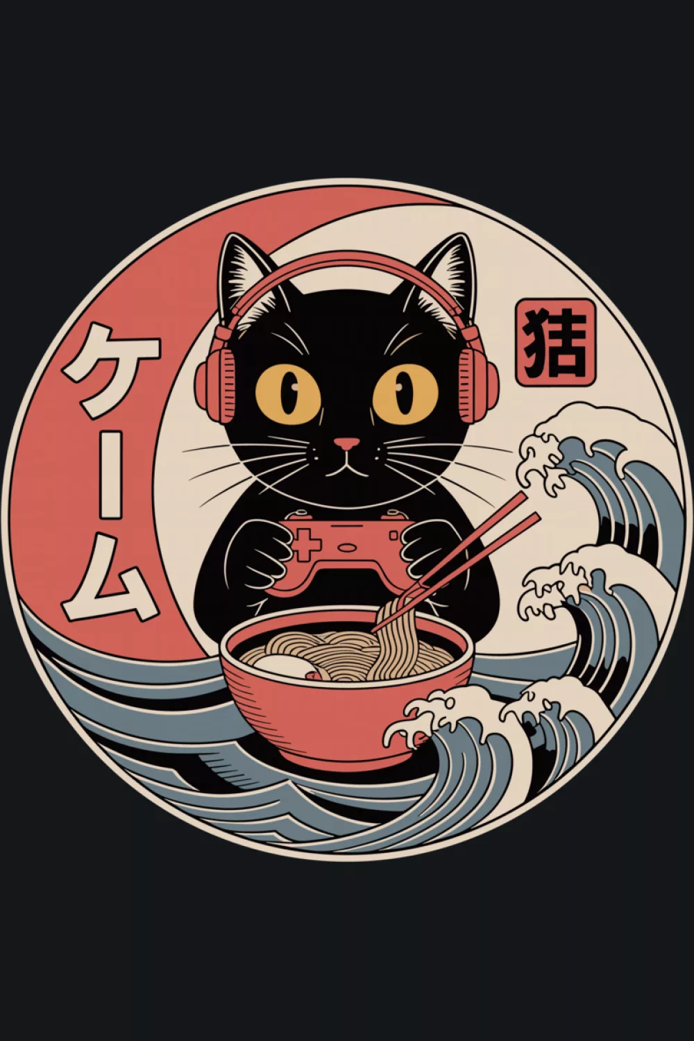 Cute kitty ramen poster with wave accents and a bright bowl that reads clearly