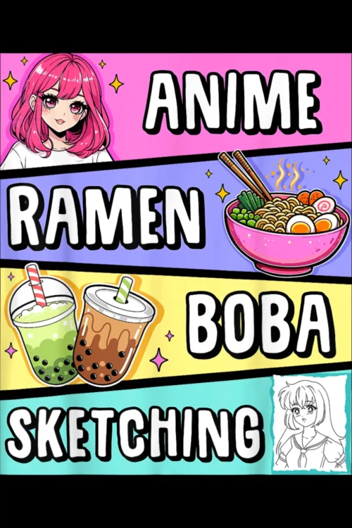 Kawaii Anime Ramen Noodles Sketching Boba Tea Japanese T-Shirt