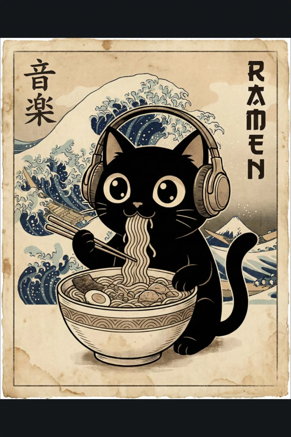 Retro Japanese art black cat ramen with wave elements and bold poster blocks