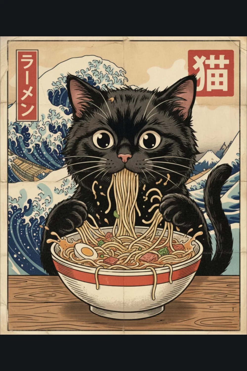 Kawaii black cat ramen with wave art accents and a vintage Japanese poster palette