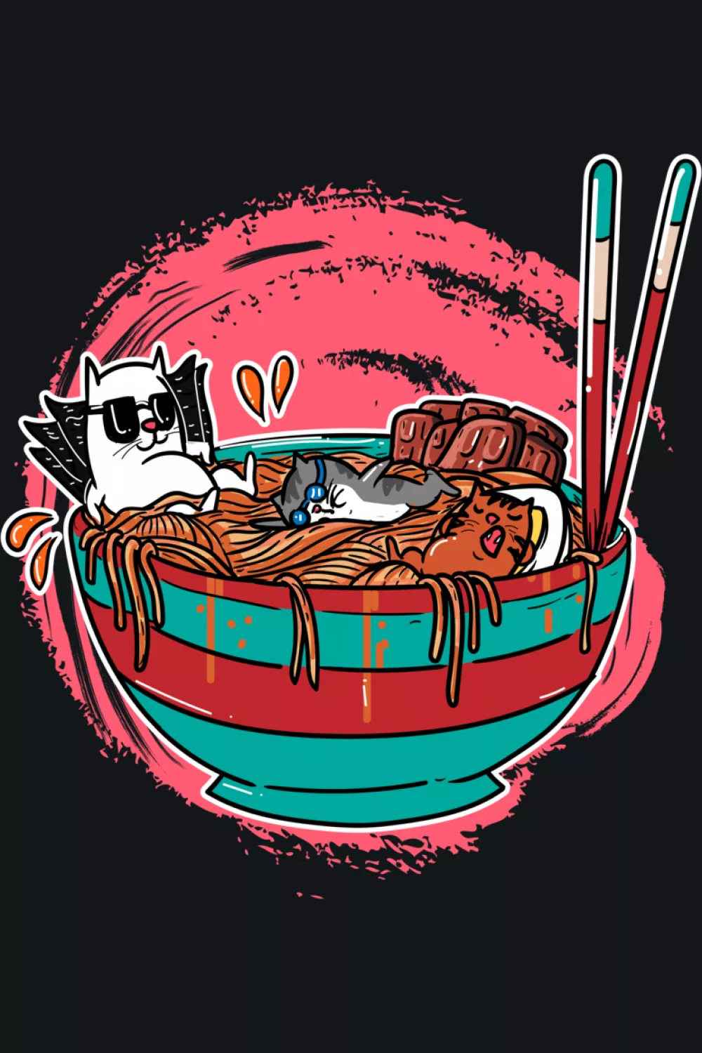 Kawaii anime cats eating Japanese noodles ramen with a friendly shared meal mood