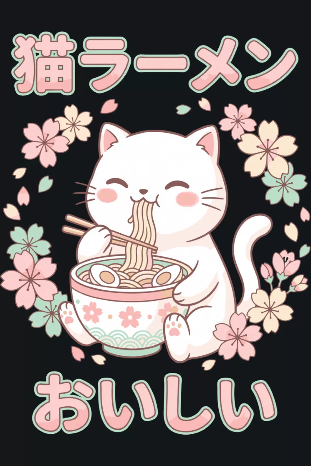 Kawaii cat eating ramen with a bright bowl and a friendly, upbeat character style