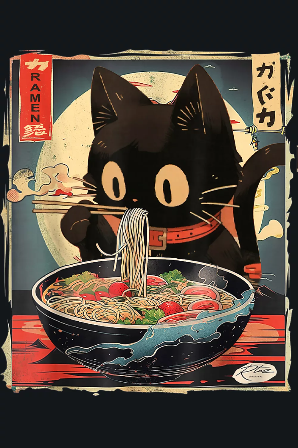 Kawaii cat eating ramen with a sweet poster mood and gentle colors for a cozy vibe