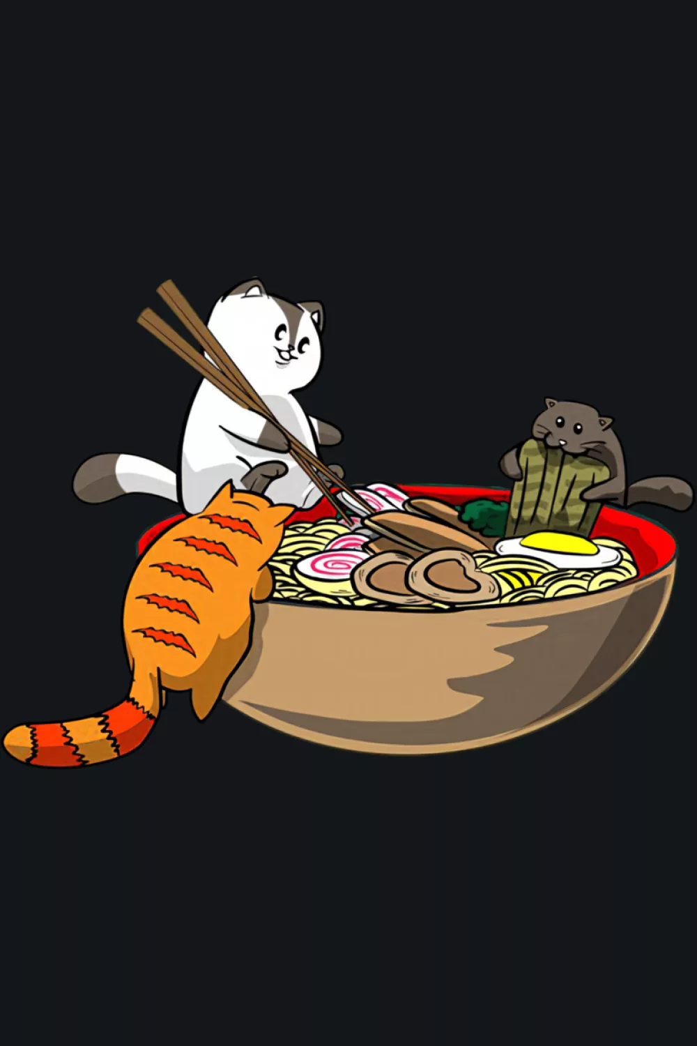 Kawaii cat eating ramen noodles with a funny expression and lively slurp energy