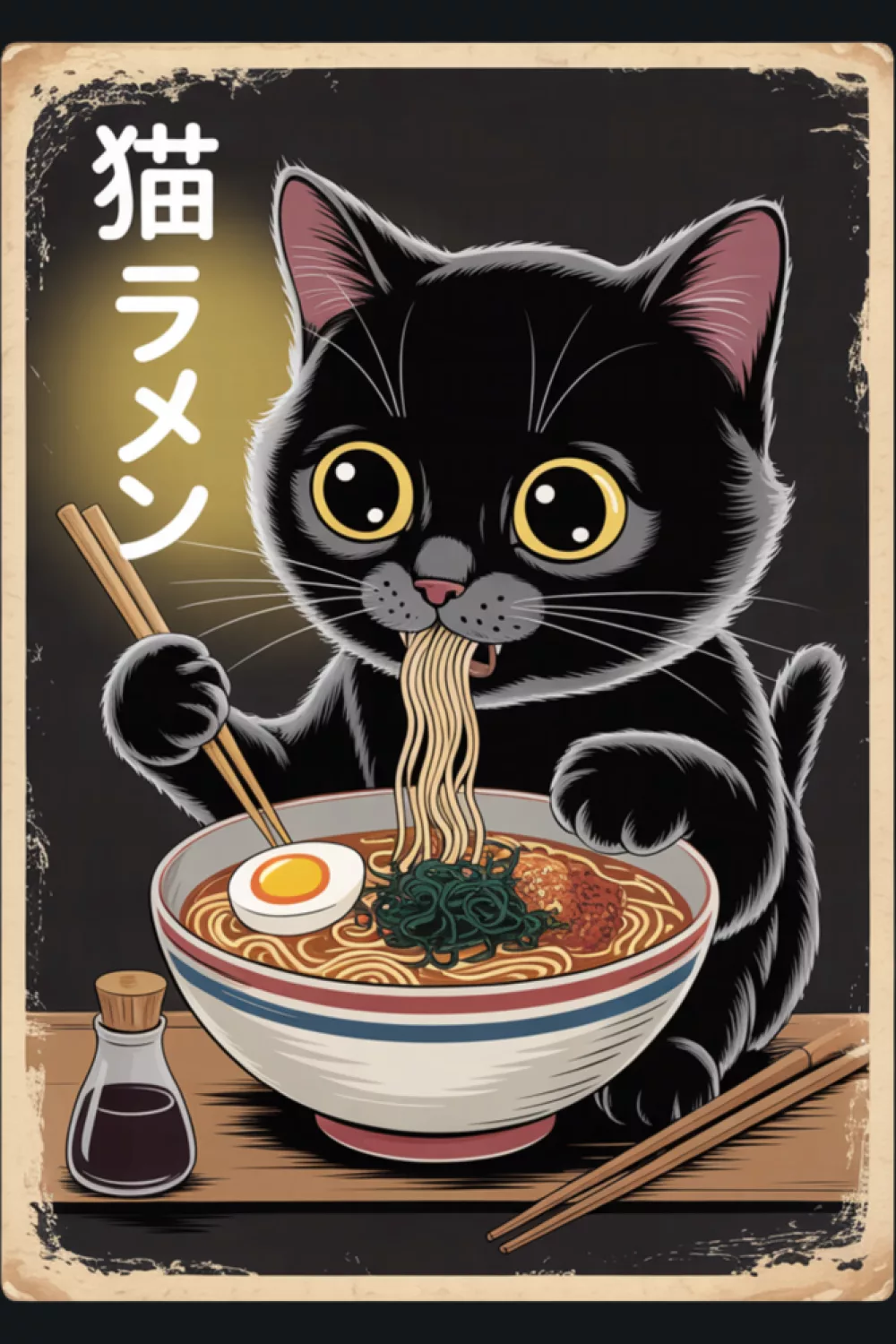 Kawaii cat eating ramen noodles with a funny, cheerful mood and bright bowl details