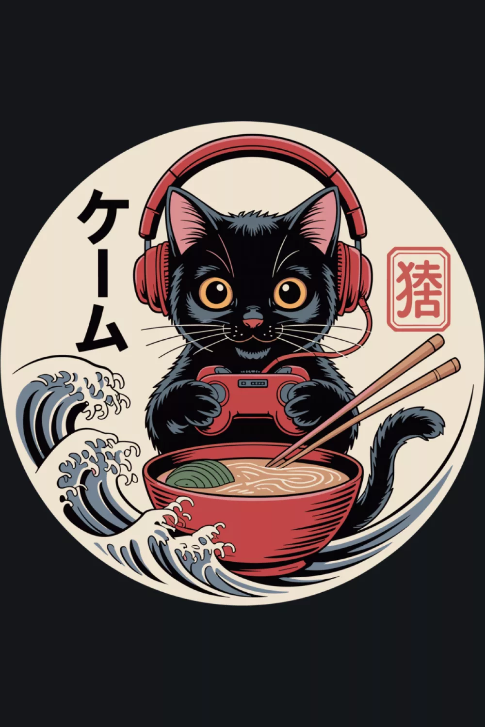 Neko ramen bowl poster with a centered cat face and a balanced wave theme