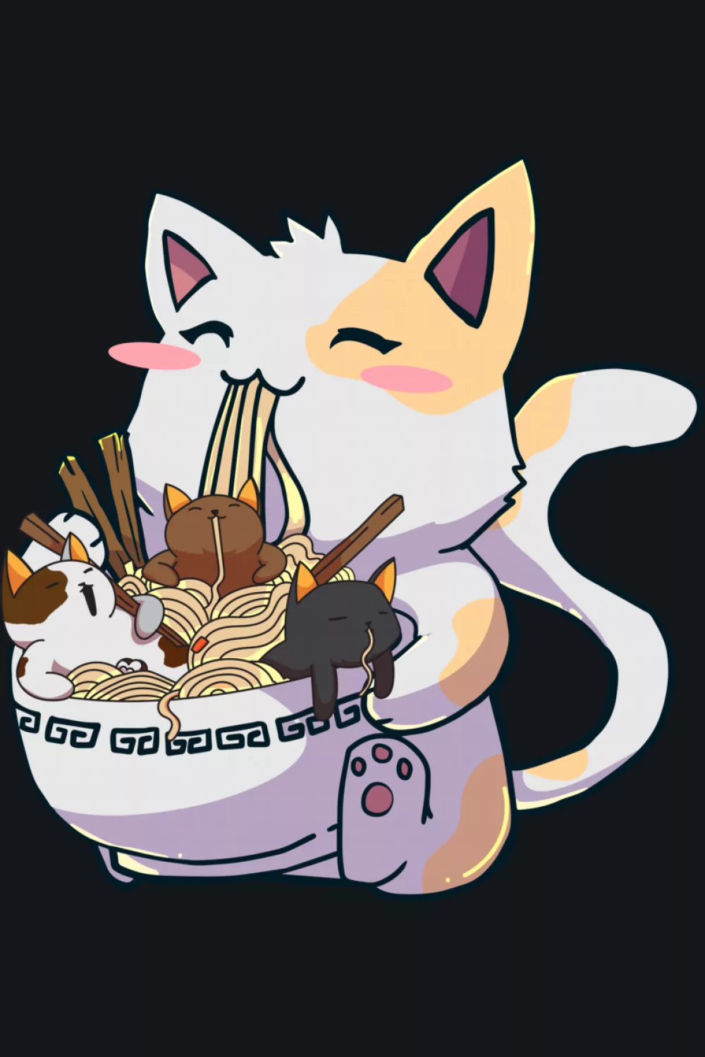 kawaii white cat eating noodles from a ramen bowl, cute line work and soft friendly feel