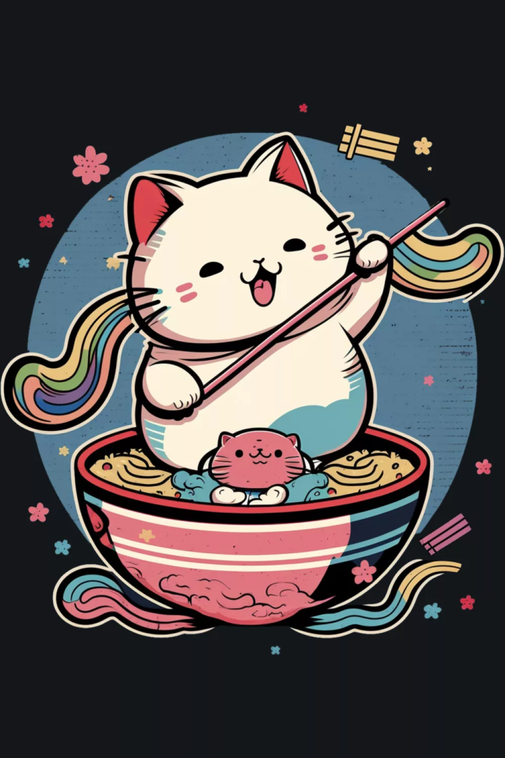 Funny Japanese noodles ramen cat with cute neko styling and bright upbeat energy