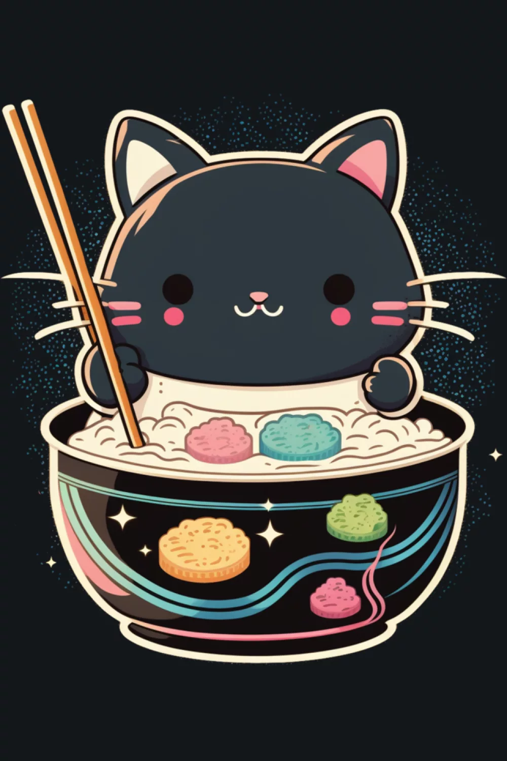 Funny kawaii noodles ramen cat with a cheeky expression and snack time energy