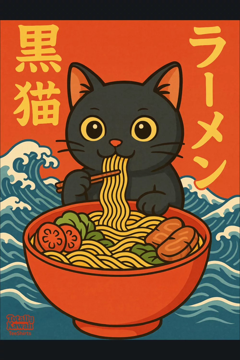 Kawaii ramen cat with bright colors, clean shapes, and a friendly anime poster look