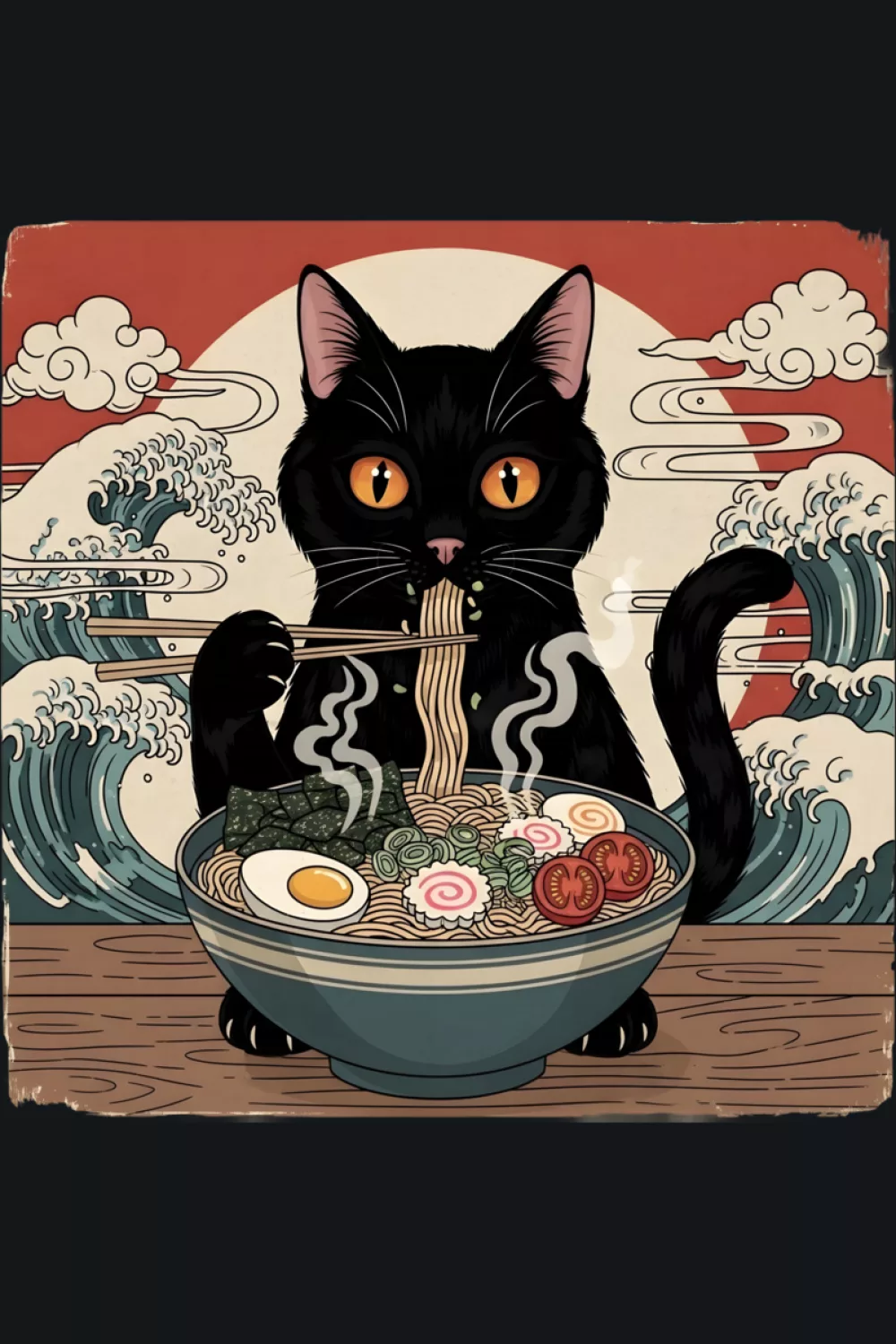 Ramen cat with ocean wave art references and a food poster mood for art lovers