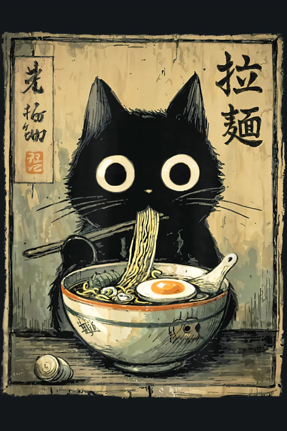 Retro Japanese ramen cat artwork with warm ink tones and an old poster texture