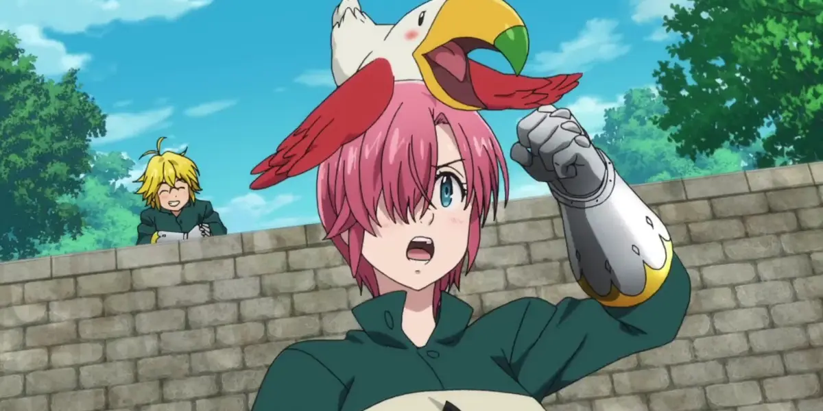 Liz wearing a silly bird helmet while Meliodas laughs behind her on the wall