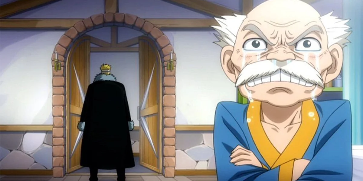 Makarov from Fairy Tail crying while a cloaked figure walks out through the open guild doors behind him.