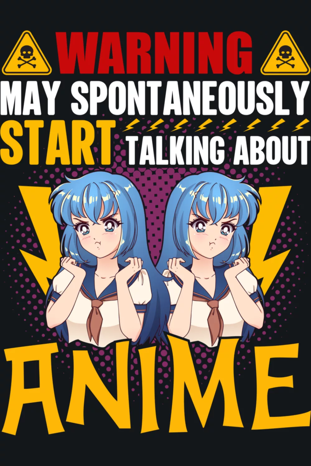 Warning headline with a cute duo portrait and bold anime typography for a lively convention vibe