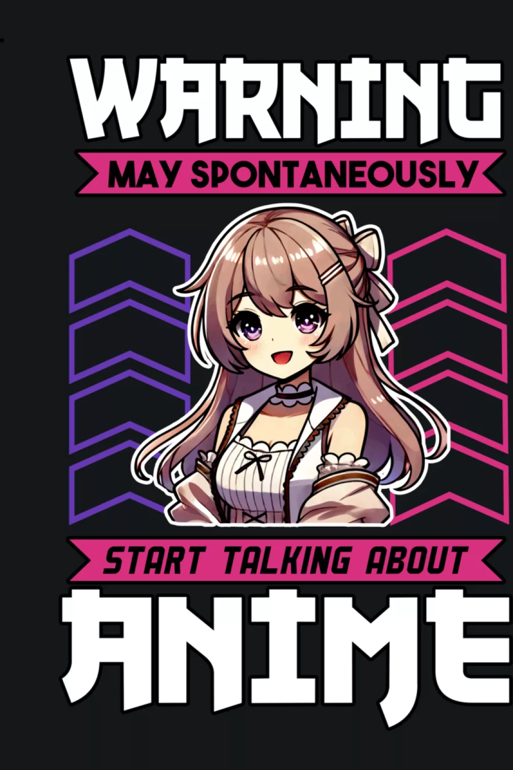 Cute character centered with a warning header and bold anime letters for a playful sticker like look
