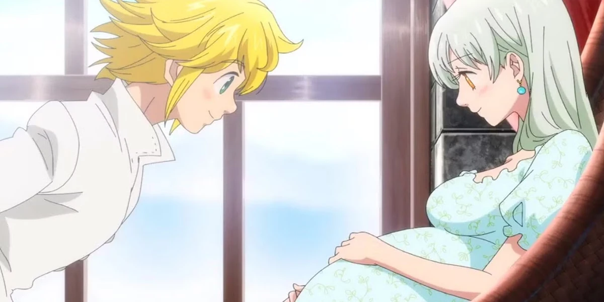 Meliodas leaning toward a pregnant Elizabeth as they share a quiet future together
