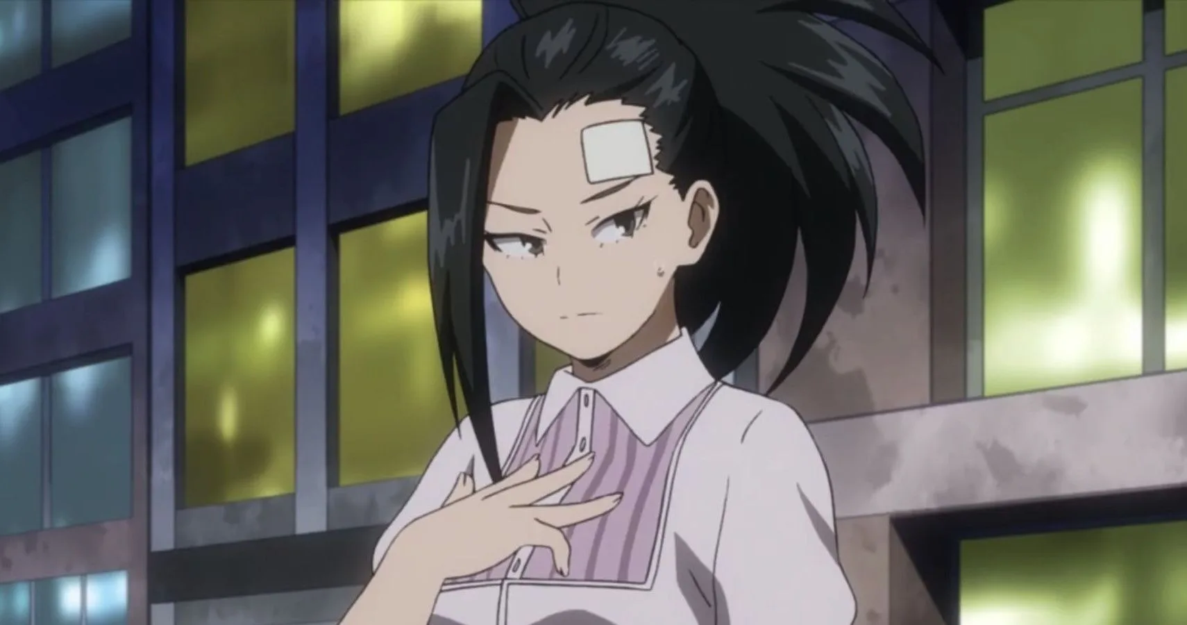 Momo Yaoyorozu in casual clothes with a bandage on her forehead