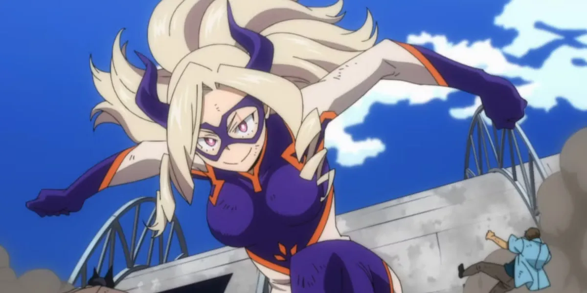 Mt. Lady leaping forward in her purple hero costume during a rescue