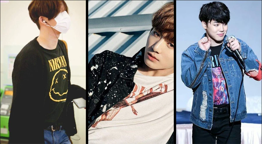 Nam Taehyun, Jungkook (BTS) and Jimin (BTS) in Nirvana T-shirt