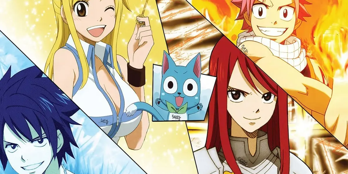Collage of Natsu, Lucy, Erza, Gray and Happy from Fairy Tail arranged in bright diagonal panels.