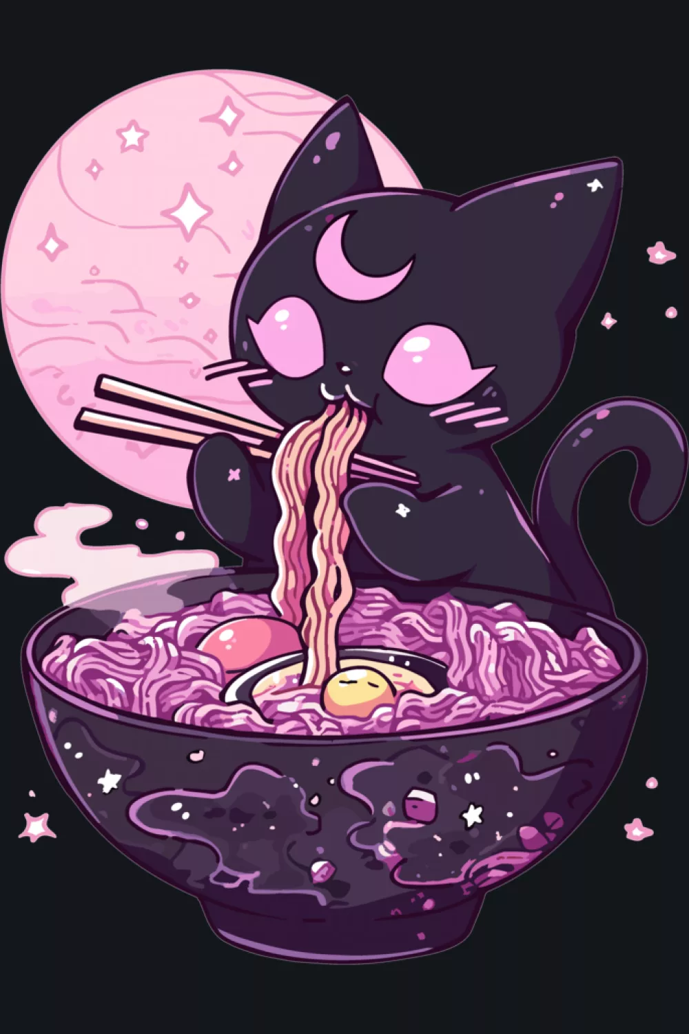 pastel goth ramen cat with cute creepy mood, darker vibe with playful color accents