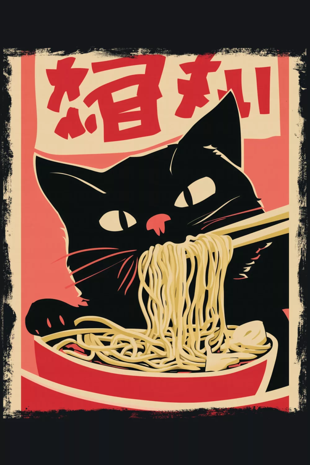 neon purple ramen cat illustration, cute character silhouette with bright ramen bowl highlights