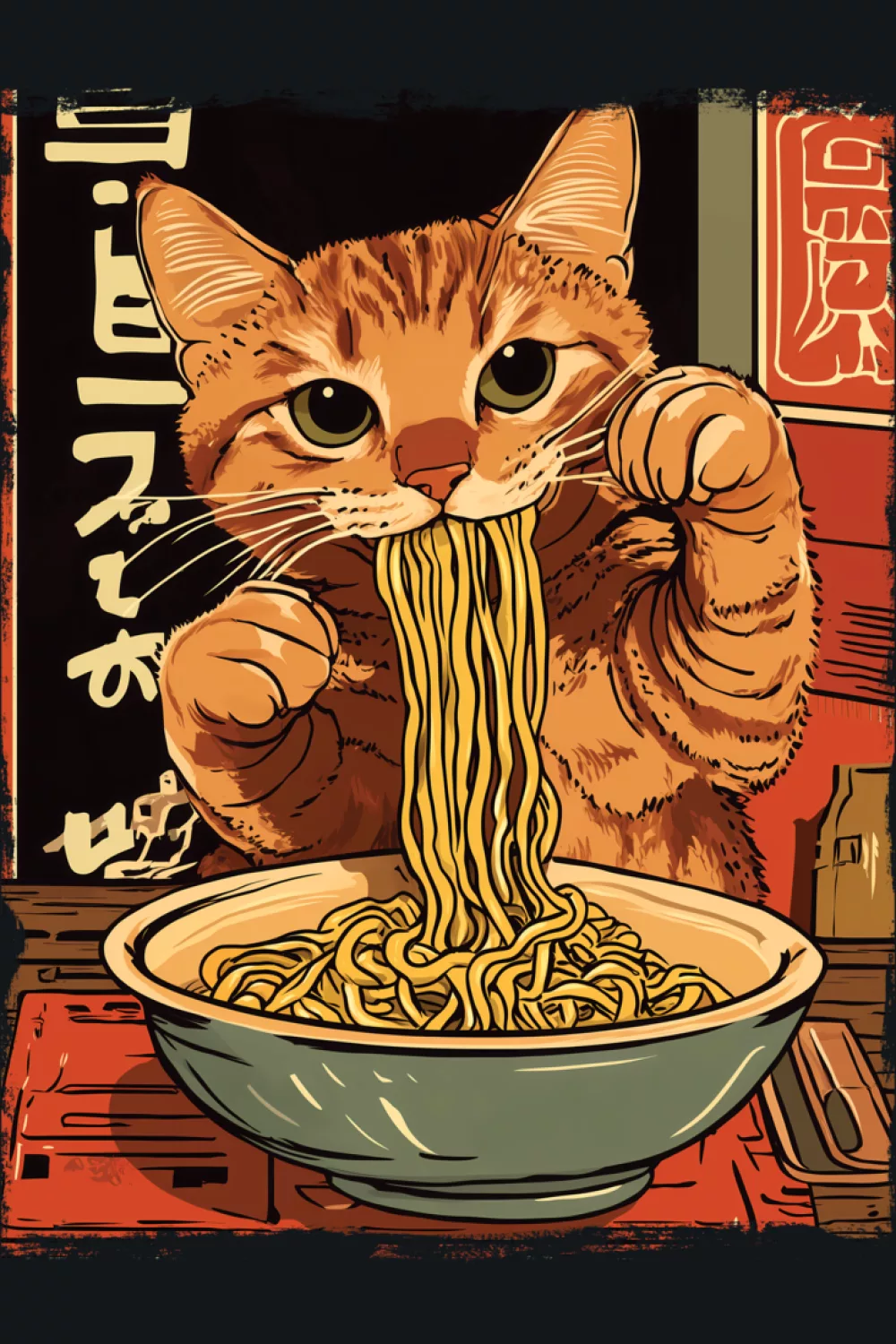 ramen cat poster with bold character face and a strong bowl focus, warm color palette and clear shapes