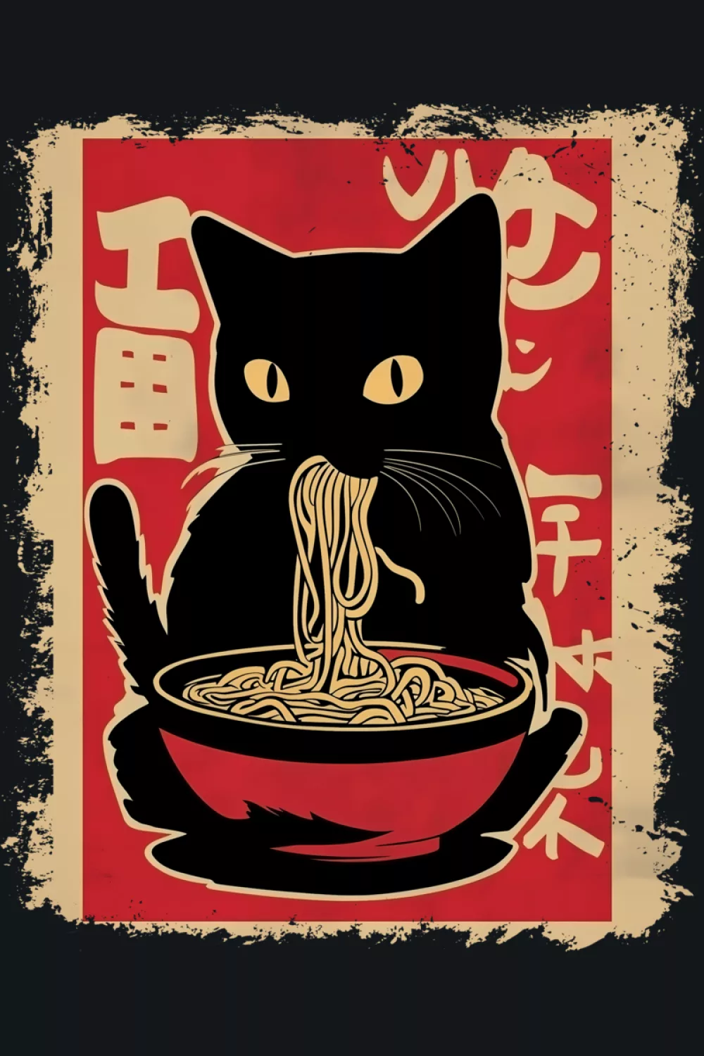 orange ramen cat poster art with bold framing, warm tones and a cheerful slurping moment