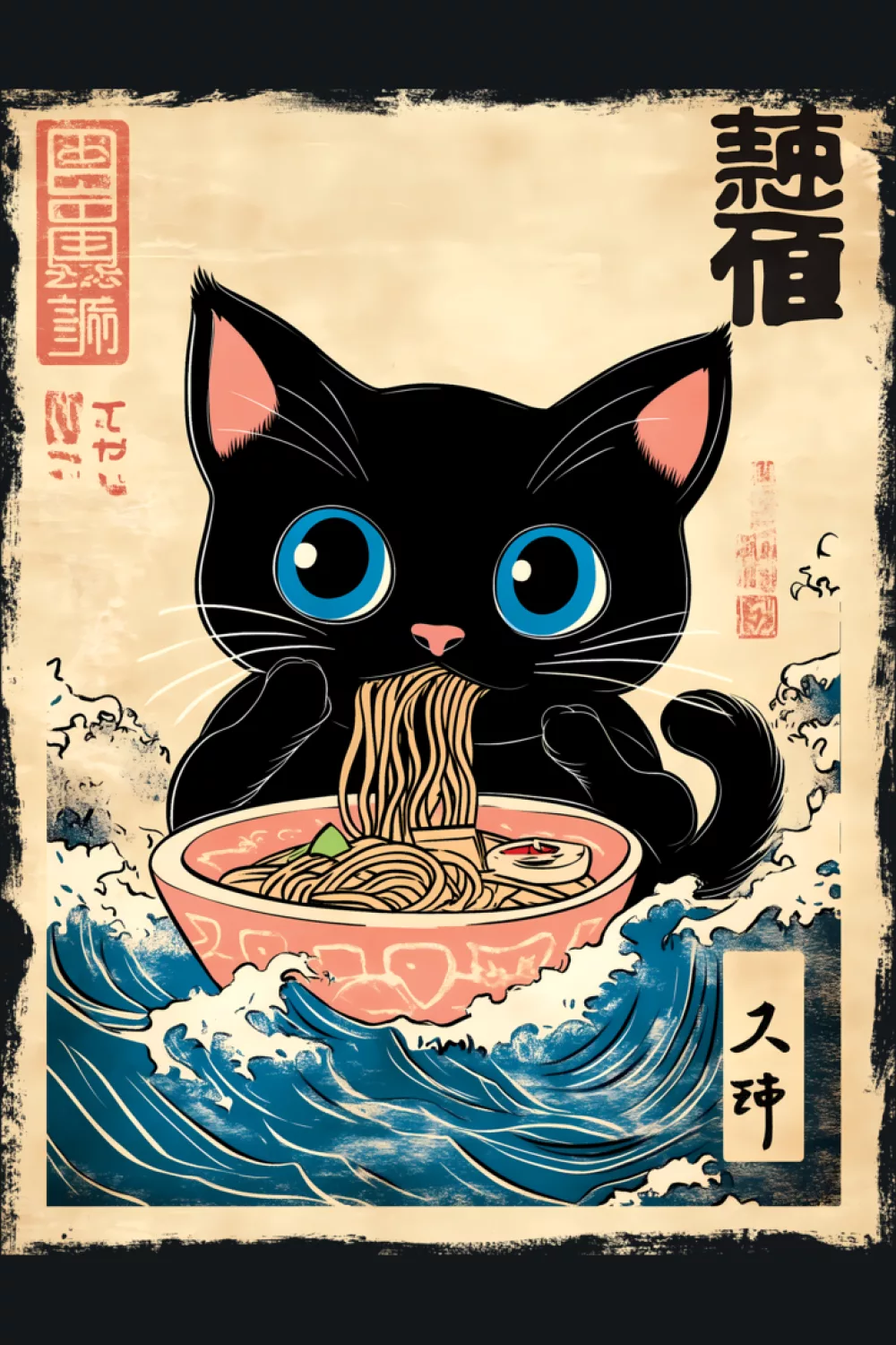 retro ramen cat poster with bold Japanese lettering blocks and a confident centered bowl scene
