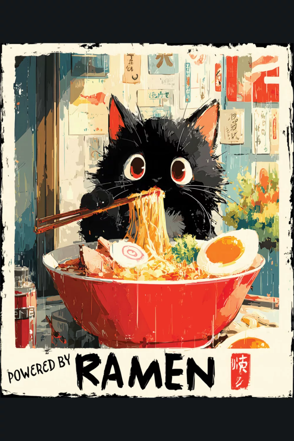 Minimal ramen cat poster with a simple bowl, a strong headline area, and a clean vintage feel