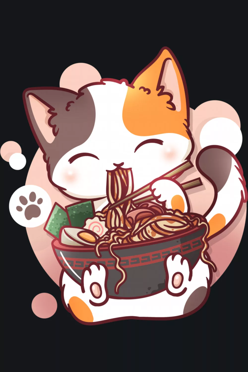 Kawaii neko peeking over a ramen bowl with a tidy, centered composition that reads fast