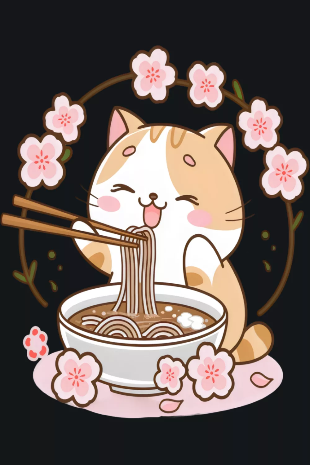 Kawaii ramen cat with otaku closet energy and a cute character centered layout